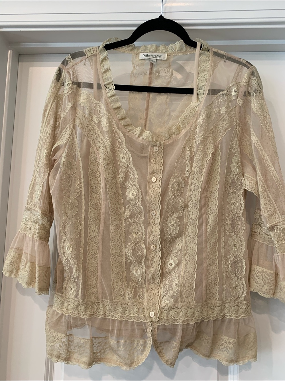 Coldwater Creek Sheer Lace Button-Front Blouse in Lt beige & cami L NWOT